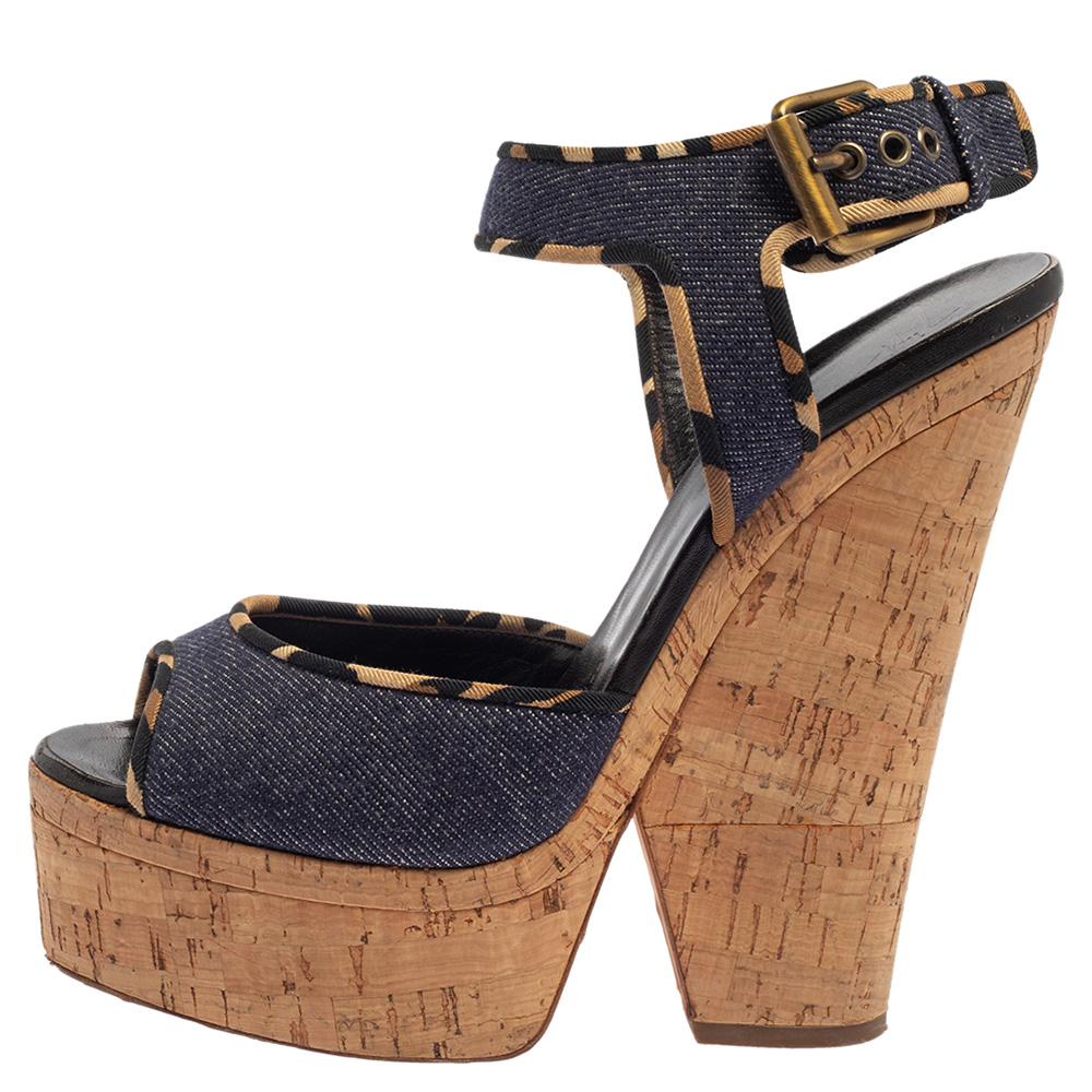 Giuseppe Zanotti Dark Wash Denim Cork Heel Platform Wedge Sandals Size 39