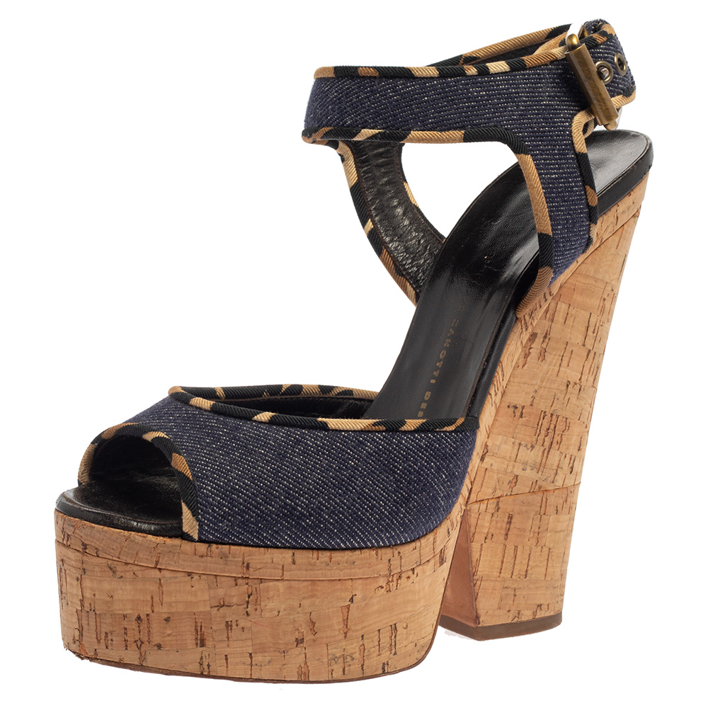 Giuseppe zanotti dark wash denim cork heel platform wedge sandals size 39