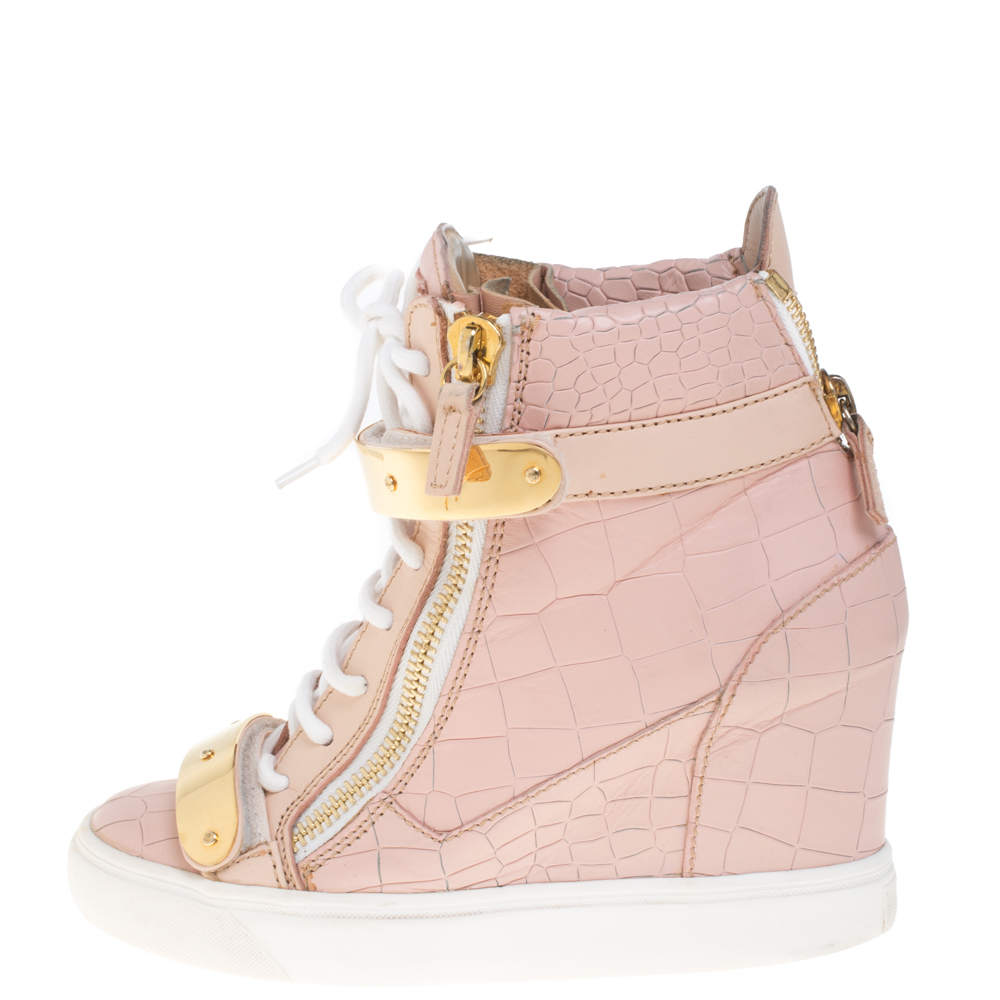 

Giuseppe Zanotti Pink Croc Embossed Leather Lorenz Wedge High Top Sneakers Size