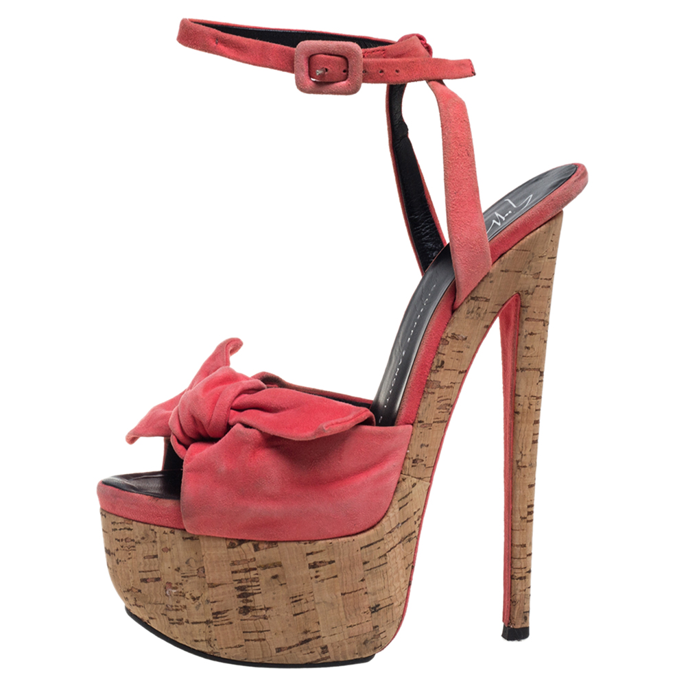 Giuseppe Zanotti Pink Suede Bow Platform Ankle Strap Sandals Size 38