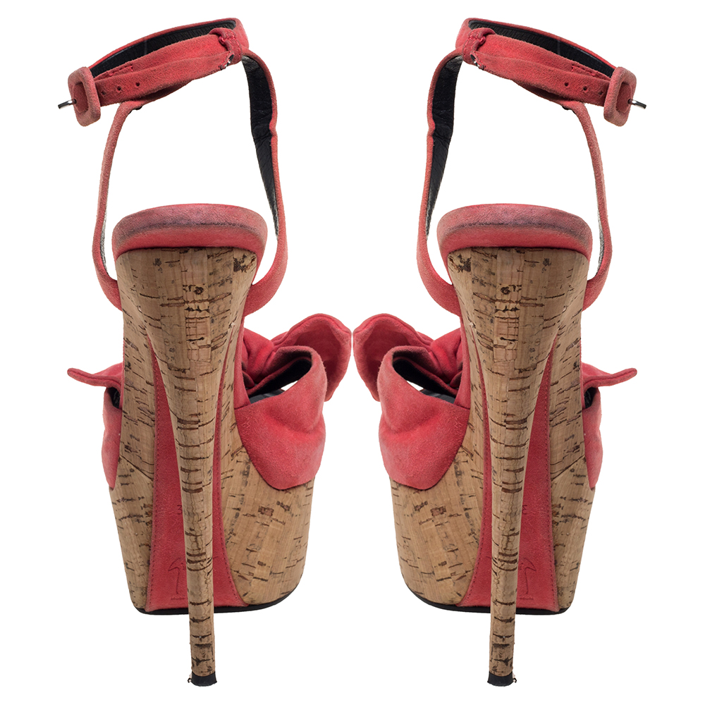 Giuseppe Zanotti Pink Suede Bow Platform Ankle Strap Sandals Size 38