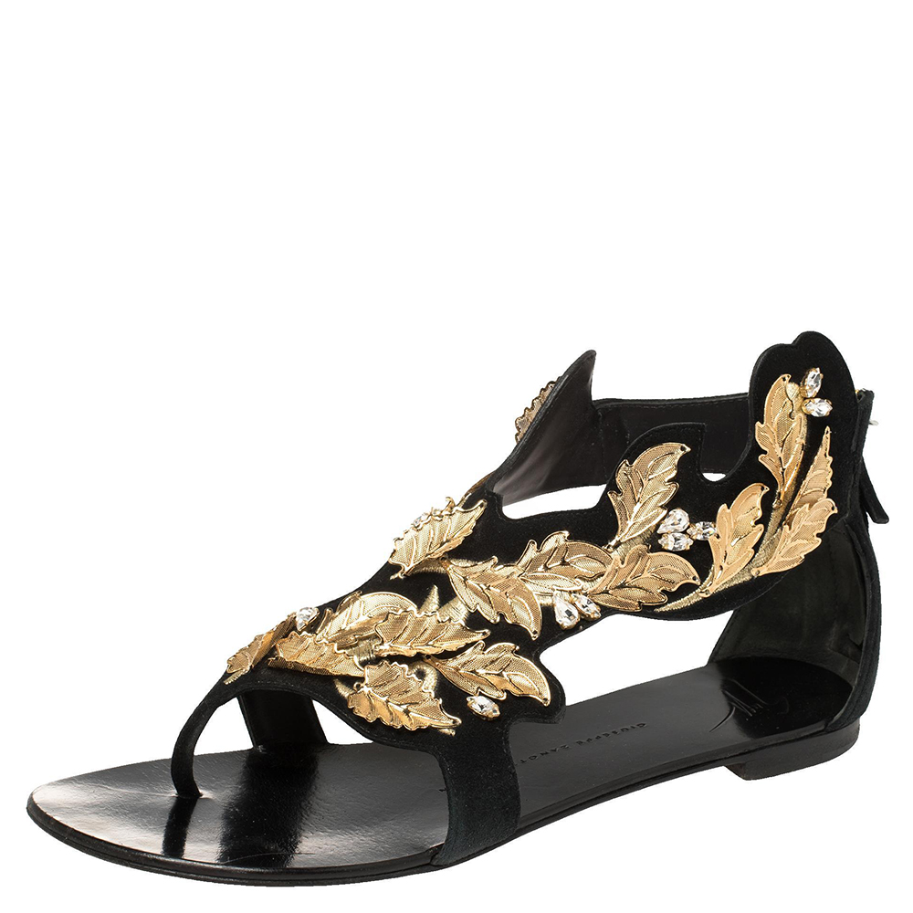 Giuseppe Zanotti Black/Gold Suede Metal Leaf Embellished Flat Sandals Size 39