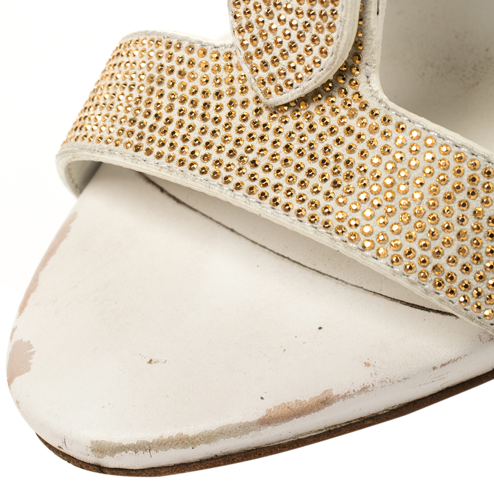 Giuseppe Zanotti White Leather Gold Strass Buckle Sandals Size 37