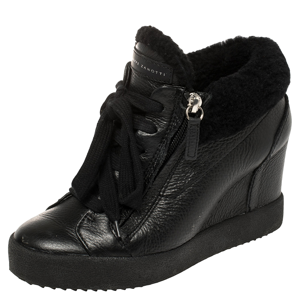 Giuseppe Zanotti Black Leather and Shearling Trim Lorenz Wedge Sneakers Size 36