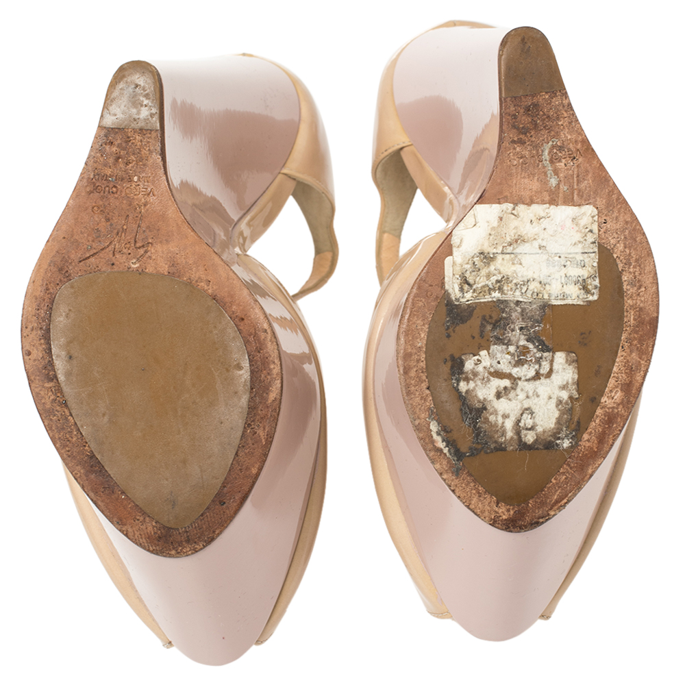 Giuseppe Zanoti Beige Patent Leather Peep Toe Platform Wedge Ankle Strap Sandals Size 37