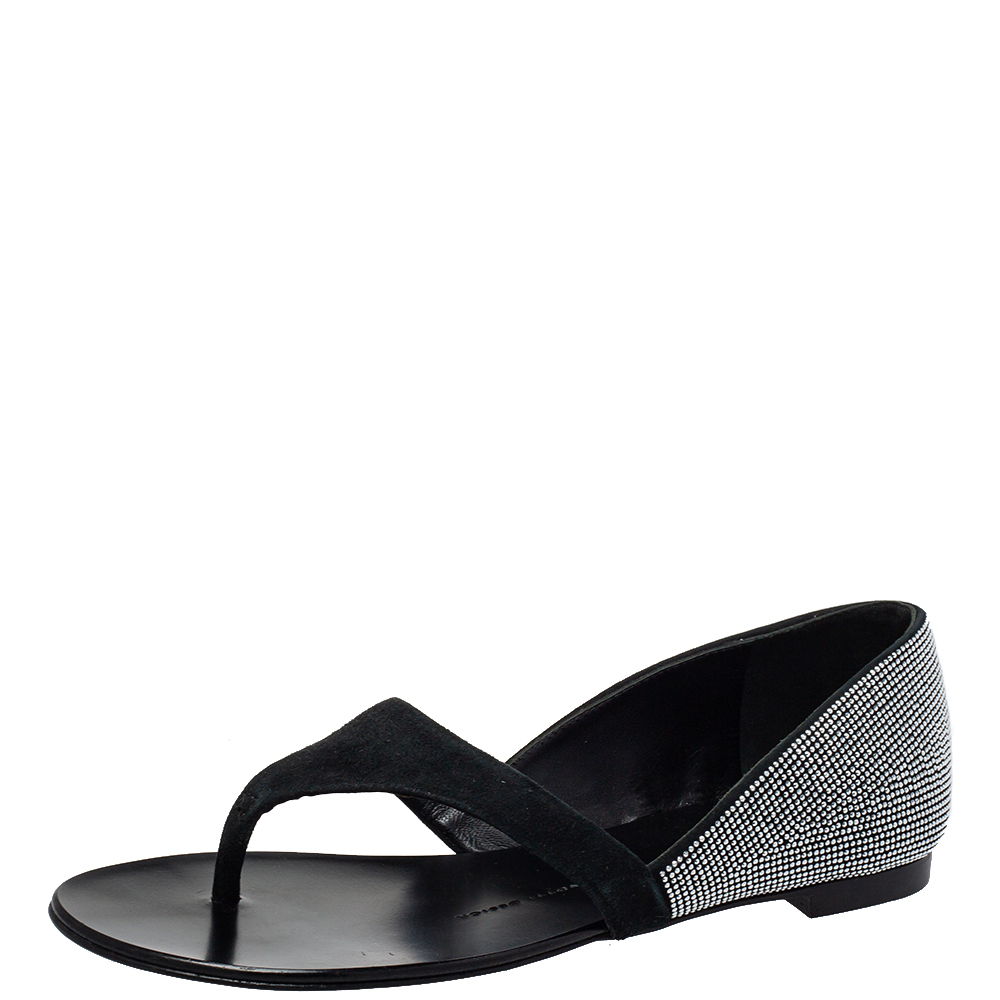 Giuseppe Zanotti Black Suede Crystal Embellished Flat Thong Sandals Size 37