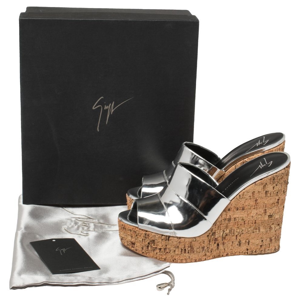 Giuseppe Zanotti Metallic Silver Leather Roz Cork Wedge Platform Slide Sandals Size 40