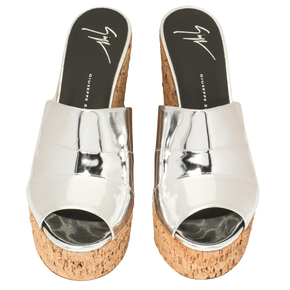 Giuseppe Zanotti Metallic Silver Leather Roz Cork Wedge Platform Slide Sandals Size 40