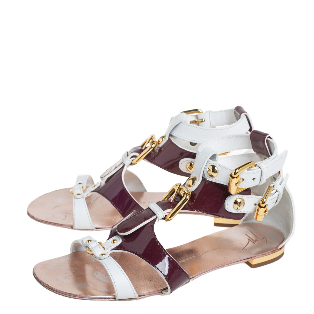 Giuseppe Zanotti White/Burgundy Patent Leather And Leather Flat Strappy Sandals Size 36