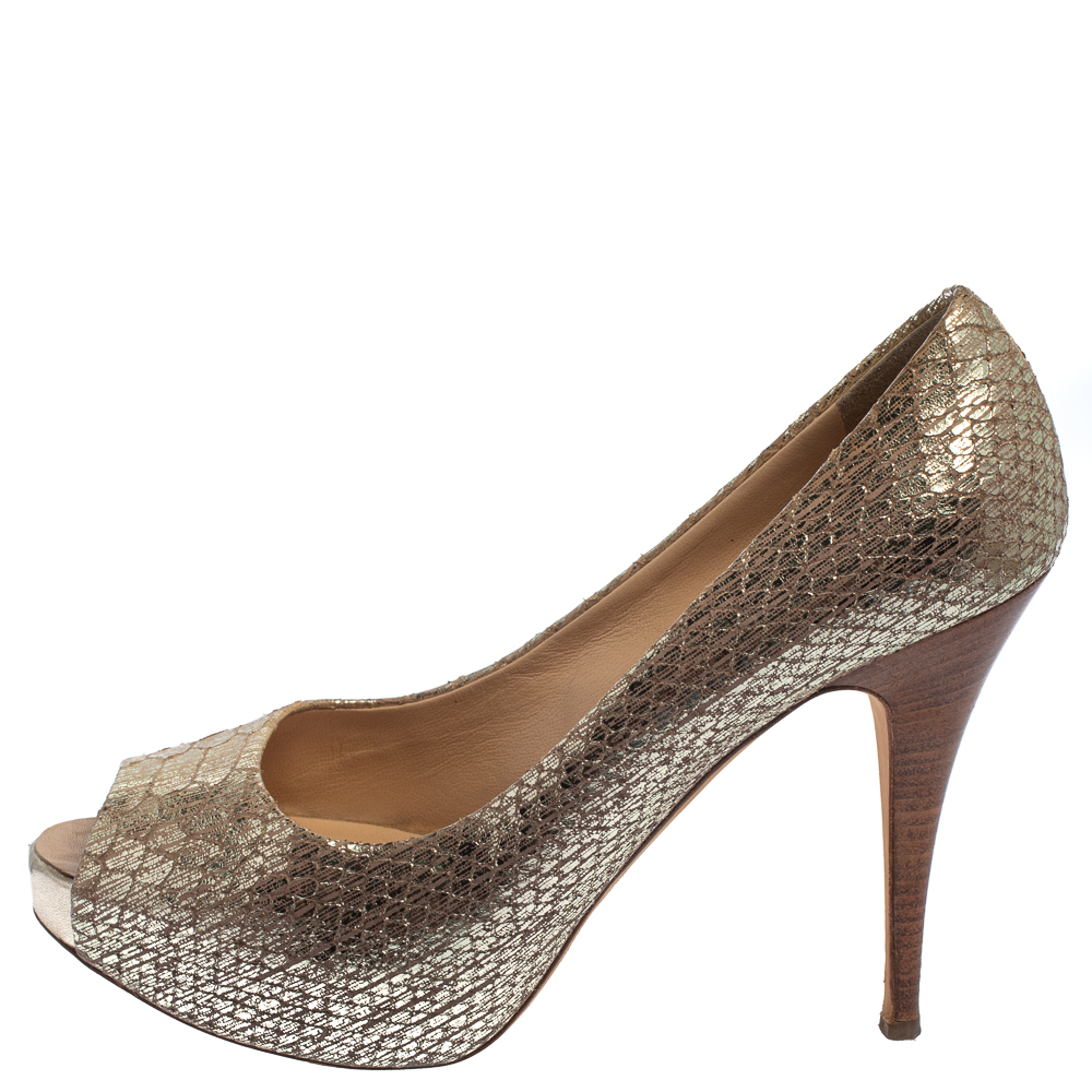 Giuseppe Zanotti Metallic Gold Python Embossed Leather Peep Toe Platform Pumps Size 39.5