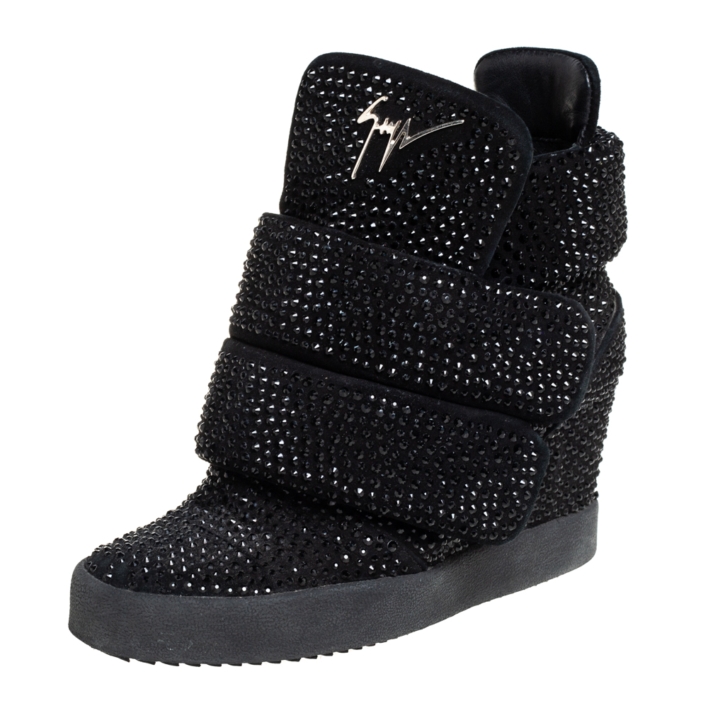 Giuseppe Zanotti Suede And Crystal Embellished High-Top Wedge Sneakers Size 39