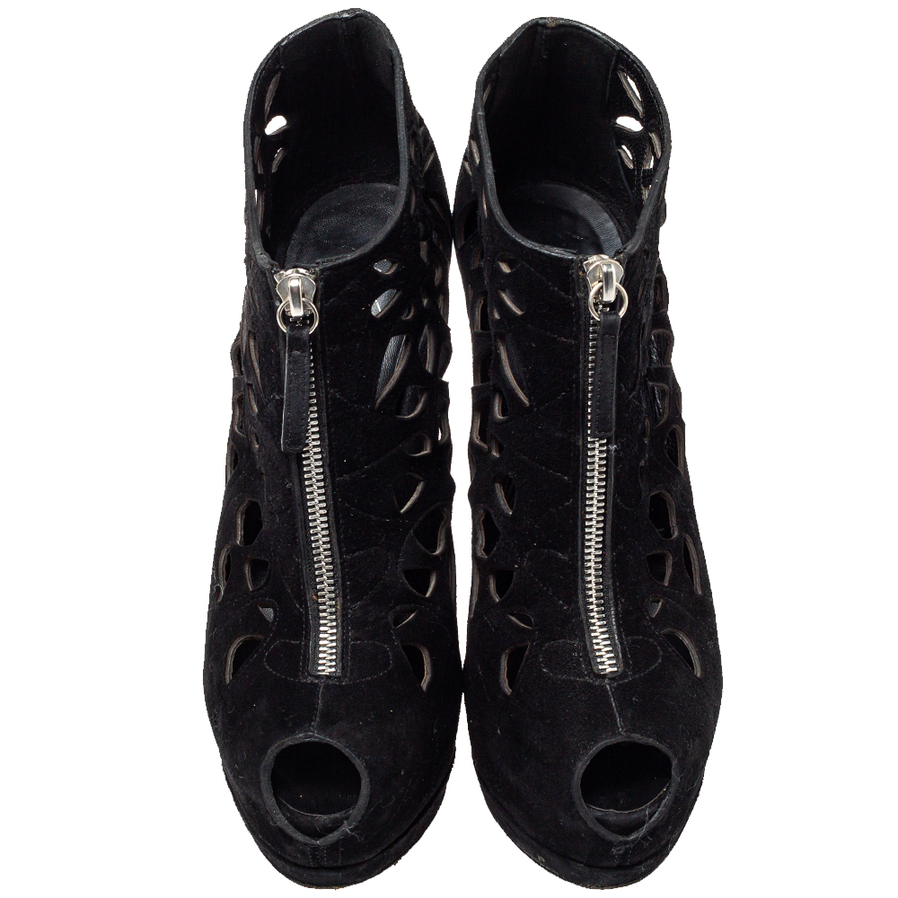 Giuseppe Zanotti Black Suede Peep Toe Front Zipper Detail Ankle Boots Size 40