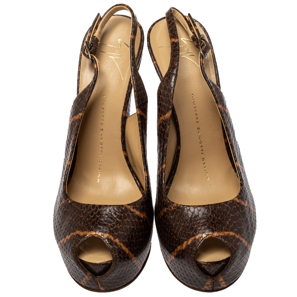 Giuseppe Zanotti Brown Python Embossed Leather Platform Peep Toe Slingback Sandals Size 37
