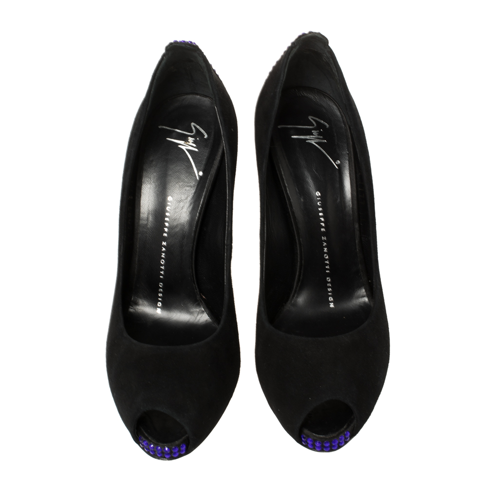 Giuseppe Zanotti Black Suede Embellished Peep Toe Pumps Size 37.5