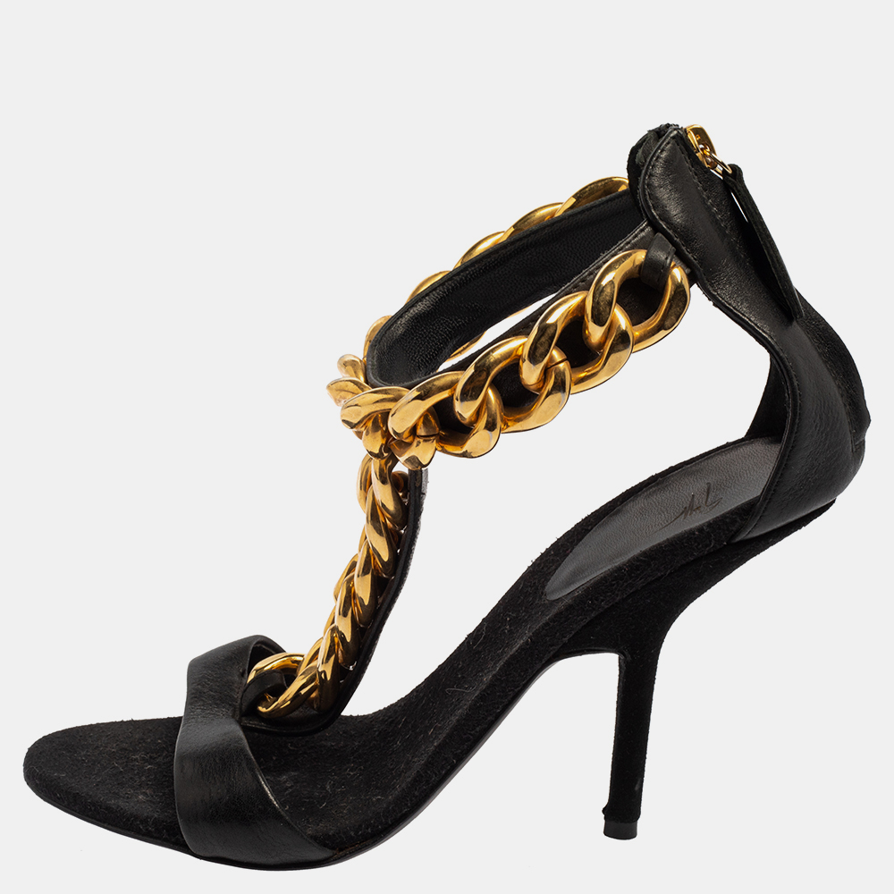 Giuseppe zanotti black leather chain detail t strap sandals size 38.5