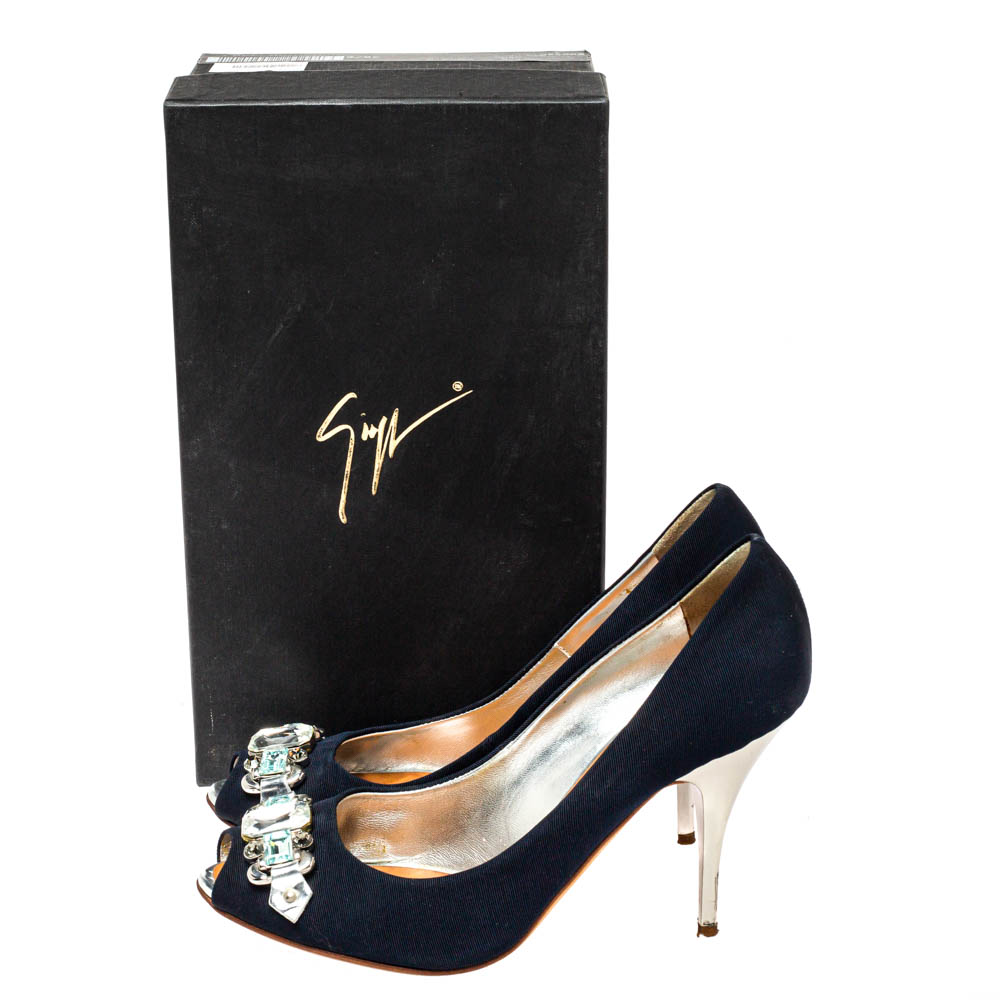 Giuseppe Zanotti Blue Fabric Embellished Peep Toe Pumps Size 38.5