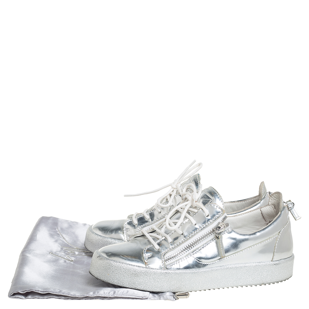 Giuseppe Zanotti Silver Leather Lace Up Sneakers Size 40