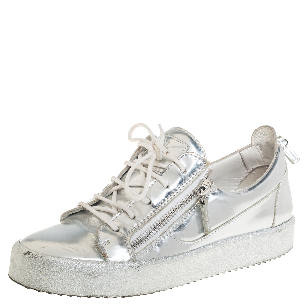 Giuseppe Zanotti Silver Leather Lace Up Sneakers Size 40