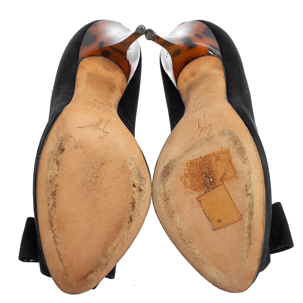 Giuseppe Zanotti Black Satin Bow Embellished Peep Toe Pumps Size 38.5