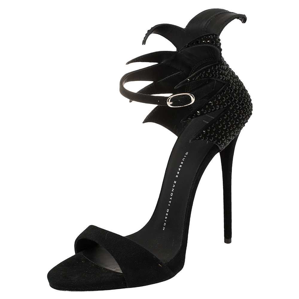 Giuseppe Zanotti Black Suede Coline Embellished Open Toe Sandals Size 39