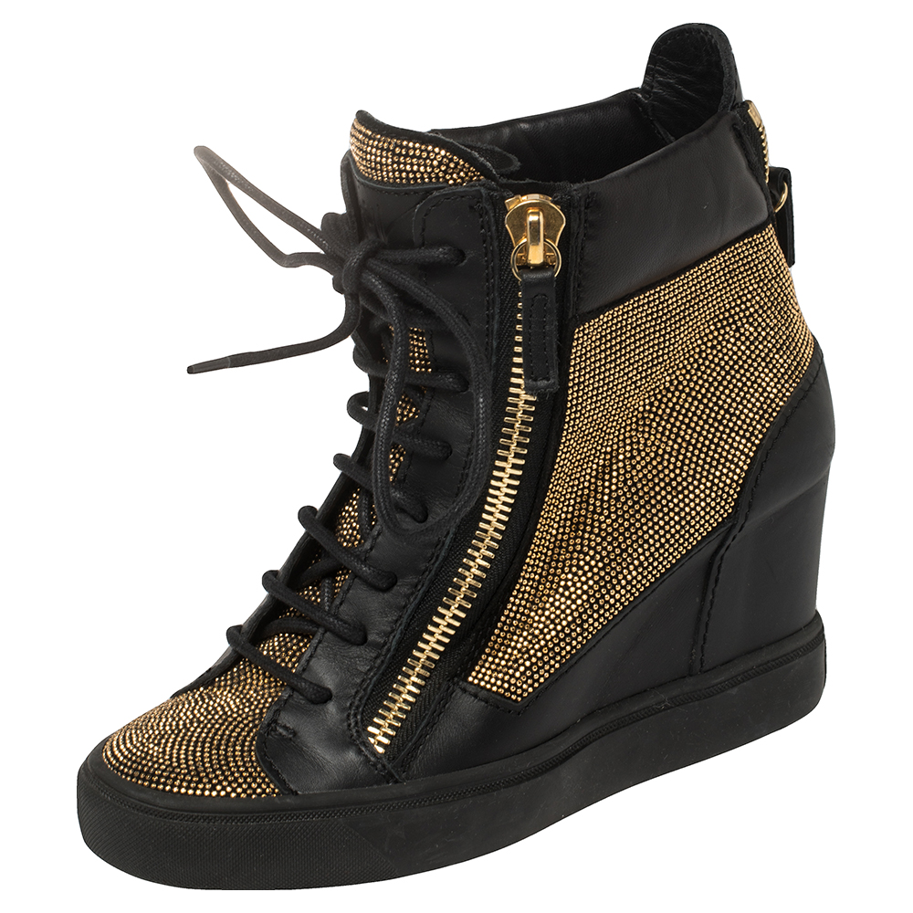 Giuseppe Zanotti Black Leather Studded High Top Wedge Sneakers 36.5