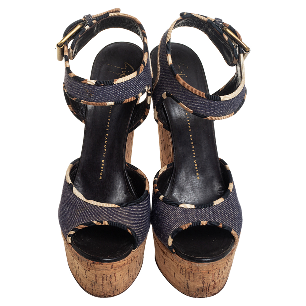 Giuseppe Zanotti Dark Wash Denim Cork Heel Platform Ankle Strap Sandals Size 39