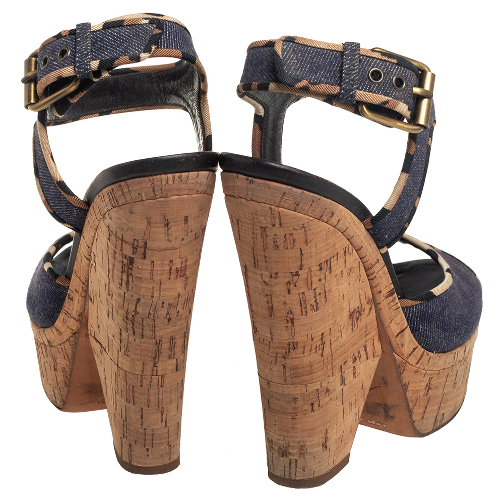 Giuseppe Zanotti Dark Wash Denim Cork Heel Platform Ankle Strap Sandals Size 39