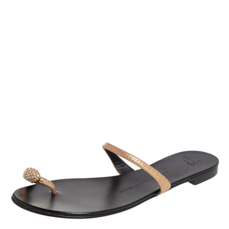 Giuseppe Zanotti Gold Leather Ring Toe Flat Sandals Size 38
