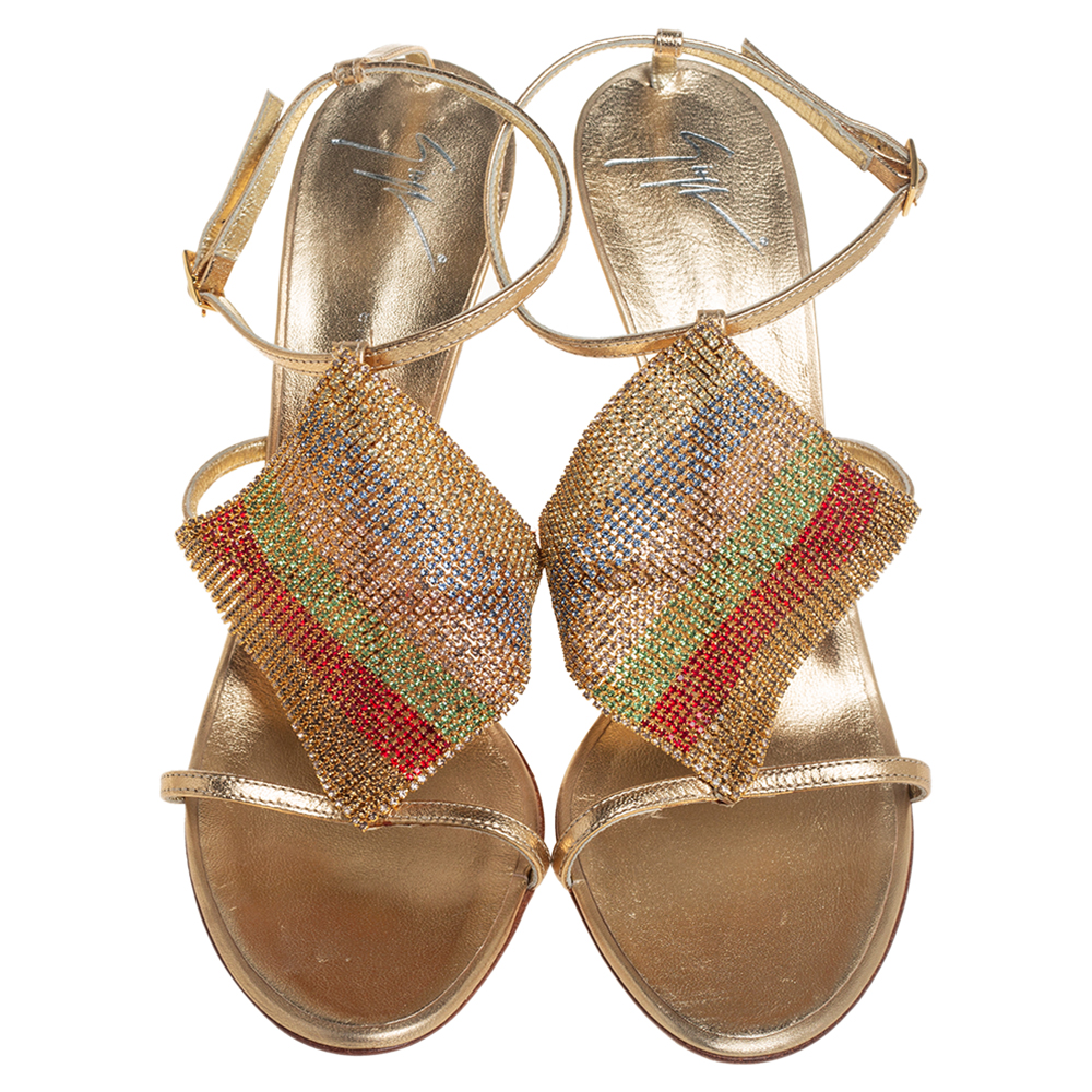 Giuseppe Zanotti Gold Leather Crystal Embellished Sandals Size 41