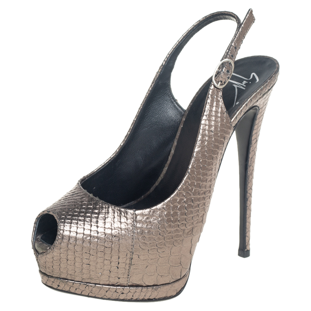 

Giuseppe Zanotti Metallic Python Embossed Leather Peep Toe Platform Slingback Sandals Size