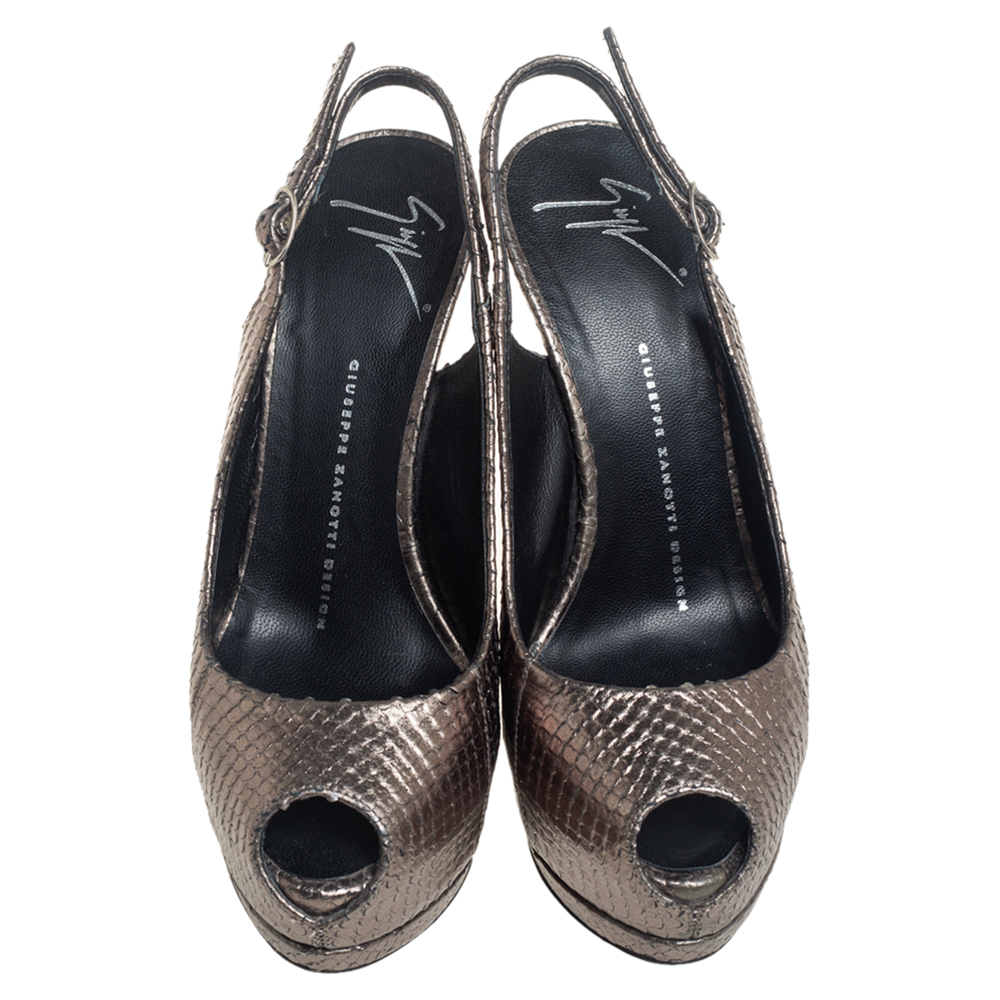 Giuseppe Zanotti Metallic Python Embossed Leather Peep Toe Platform Slingback Sandals Size 36.5