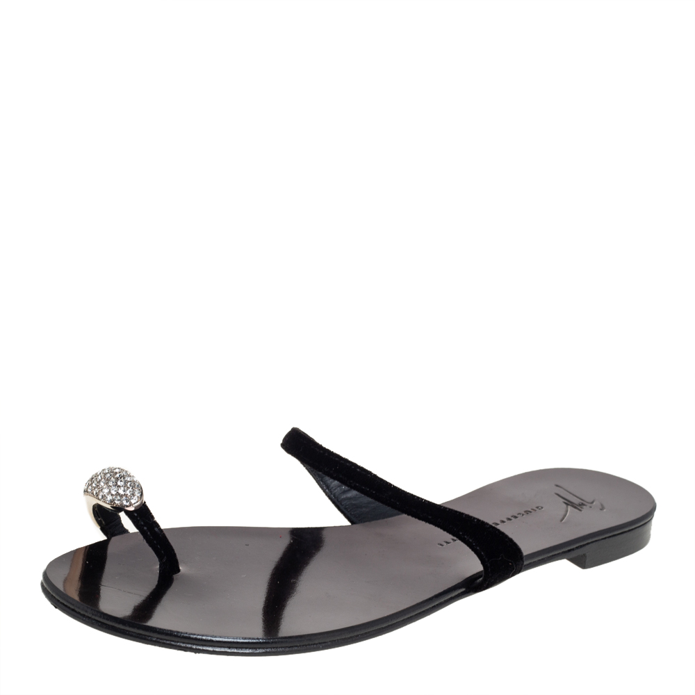 Giuseppe Zanotti Black Velvet Crystal Embellished Toe Ring Flat Sandals Size 37