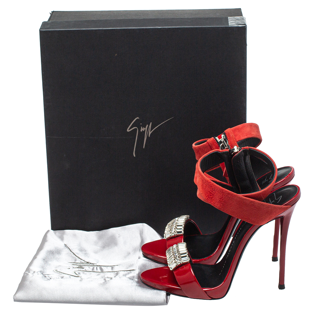 Giuseppe Zanotti Red Suede And Patent Leather Embellished Sandals Size 36