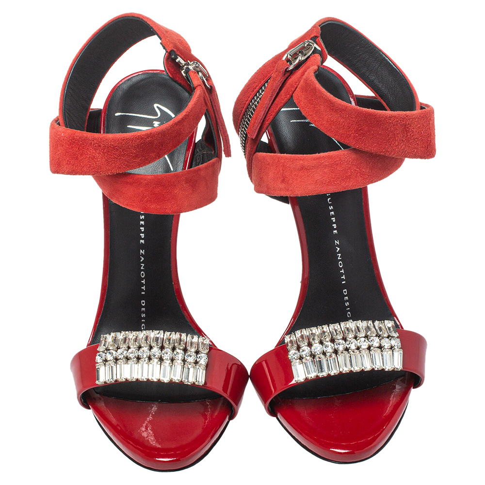 Giuseppe Zanotti Red Suede And Patent Leather Embellished Sandals Size 36