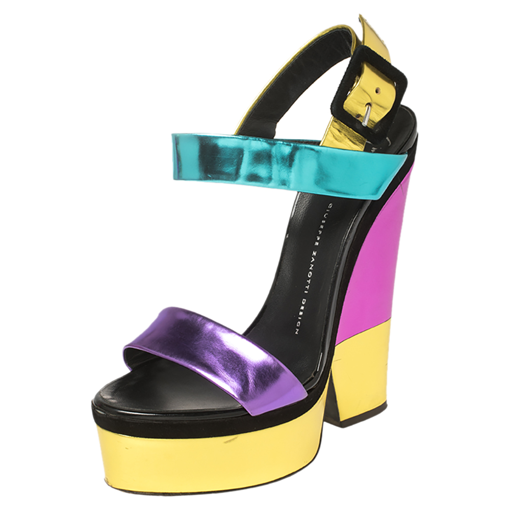 Giuseppe Zanotti Multicolor Colorblock Foil Leather Platform Ankle Strap Sandals Size 39