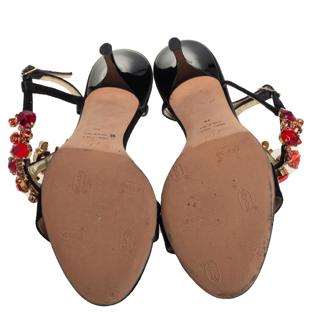 Giuseppe Zanotti Black Satin Crystal Embellished Ankle Strap Sandals Size 38