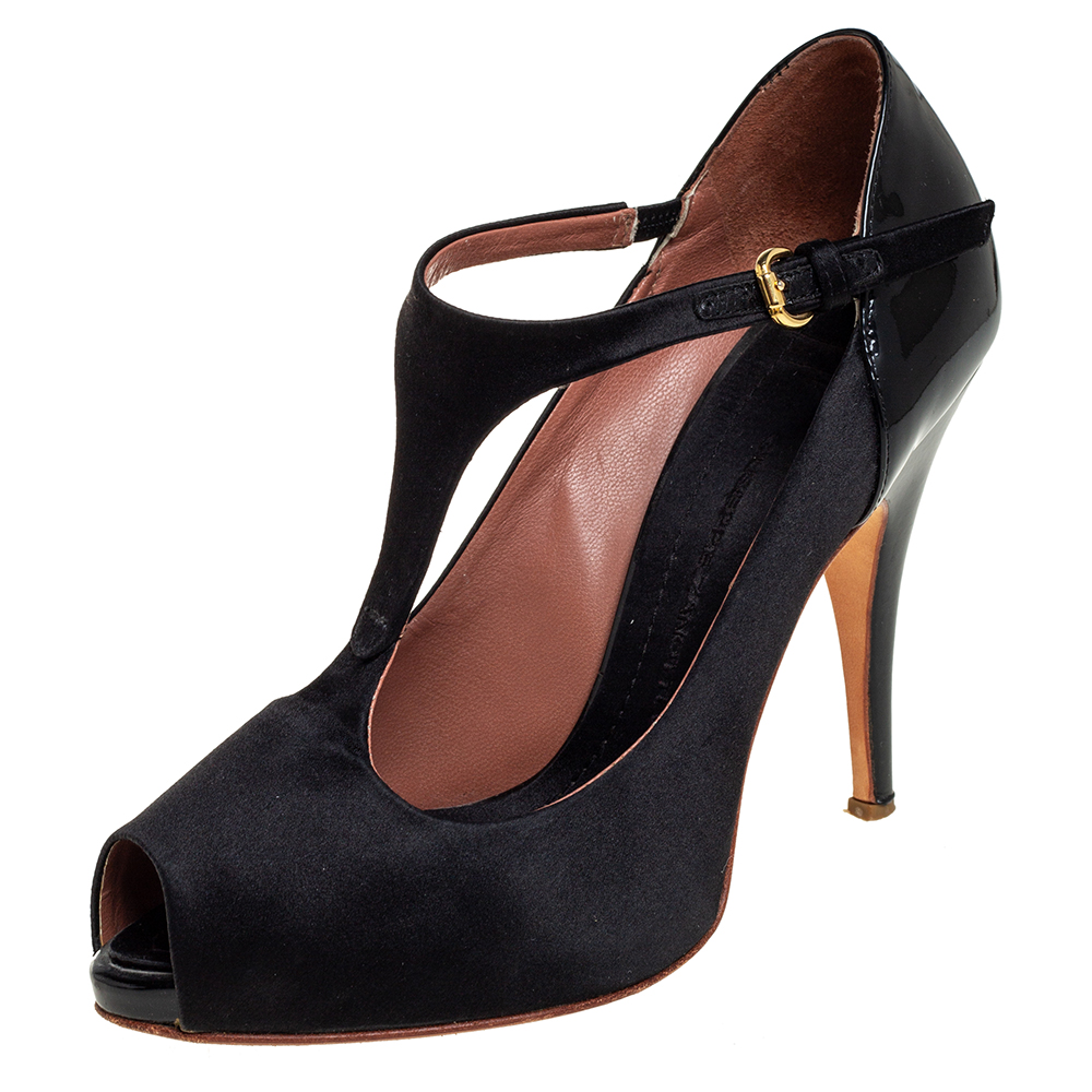 Giuseppe Zanotti Black Satin And Patent Leather Peep Toe Ankle Strap Sandals Size 37.5