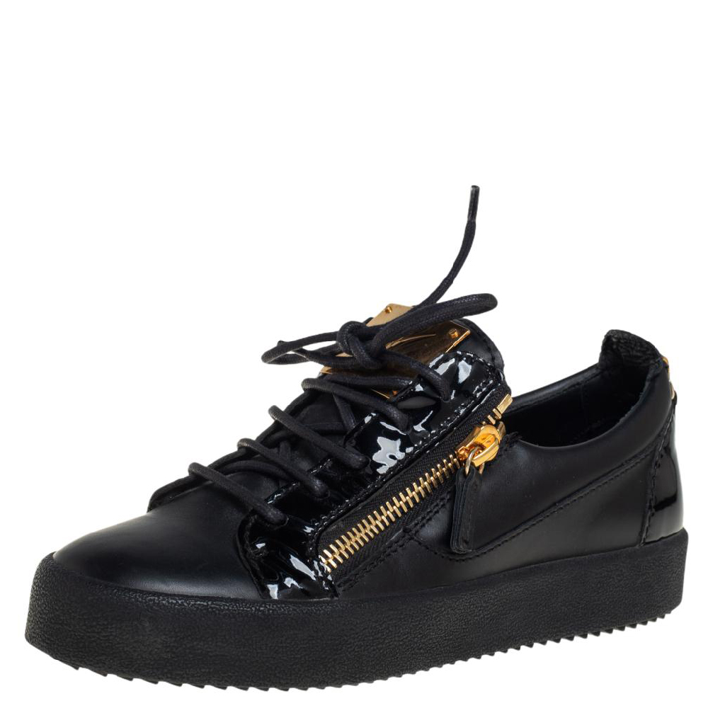 Giuseppe Zanotti Black Leather And Patent Leather Double Zipper Low Top Sneakers Size 38.5