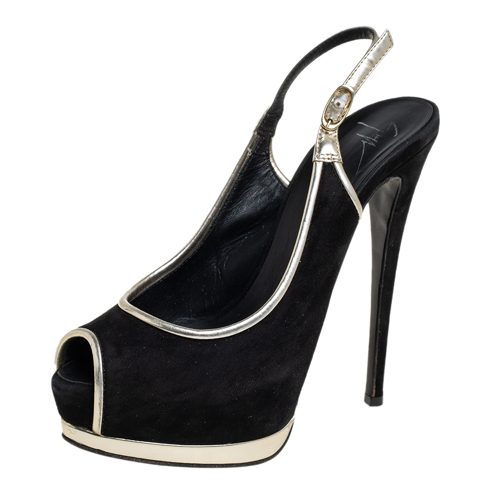 Giuseppe zanotti guiseppe zannotti black/silver suede and leather trim peep toe slingback platform sandals size 37.5