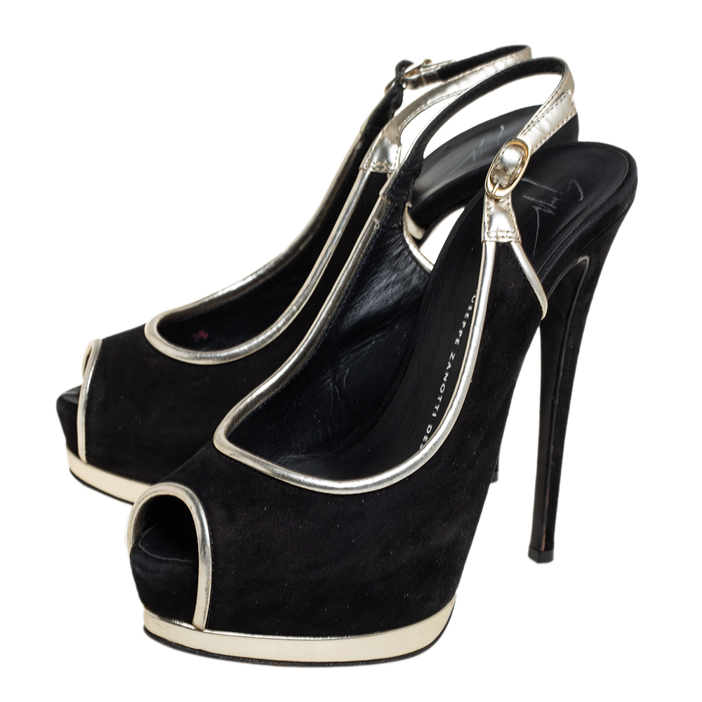 Guiseppe Zannotti Black/Silver Suede And Leather Trim Peep Toe Slingback Platform Sandals Size 37.5