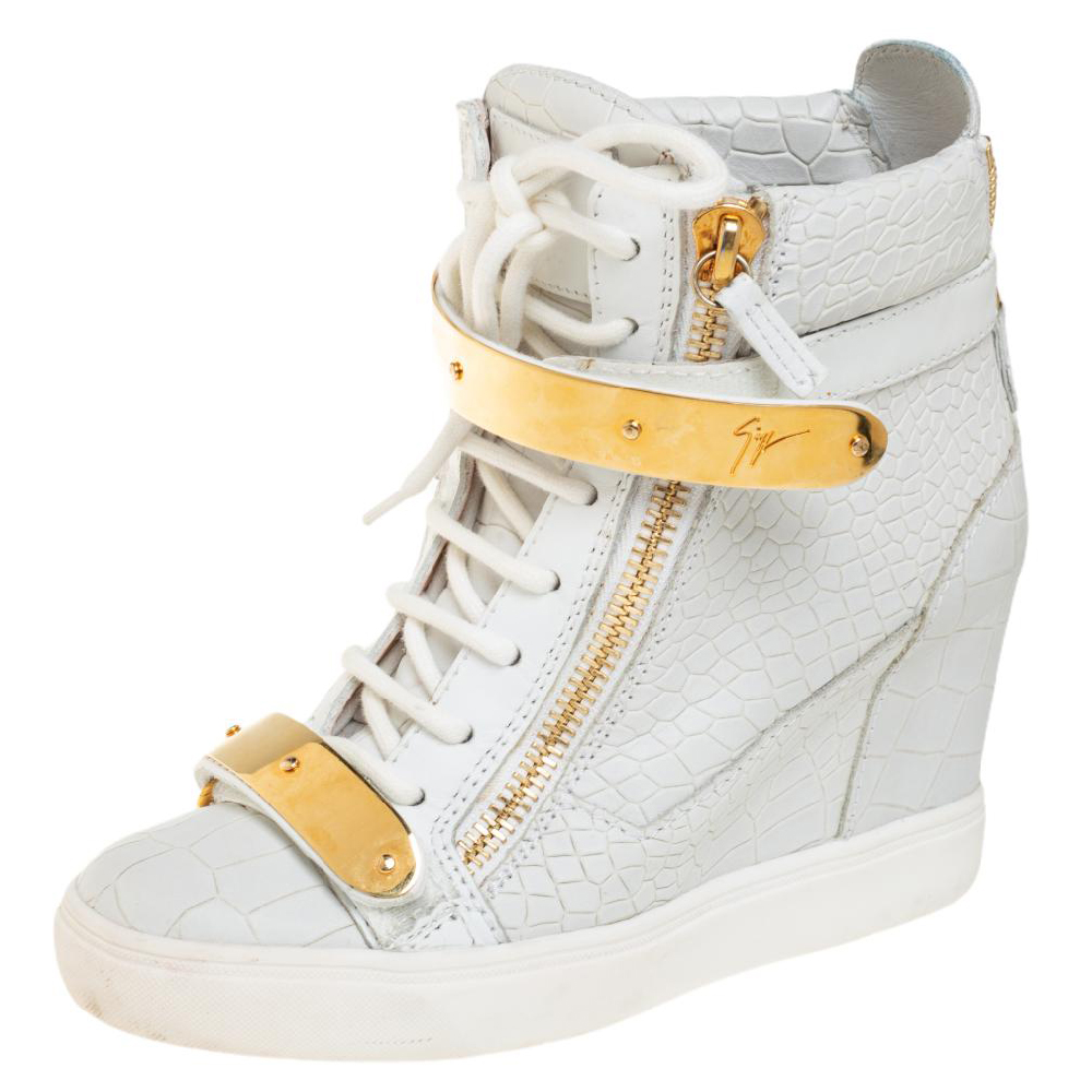 Giuseppe Zanotti White Croc Embossed Leather High Top Wedge Sneakers Size 37
