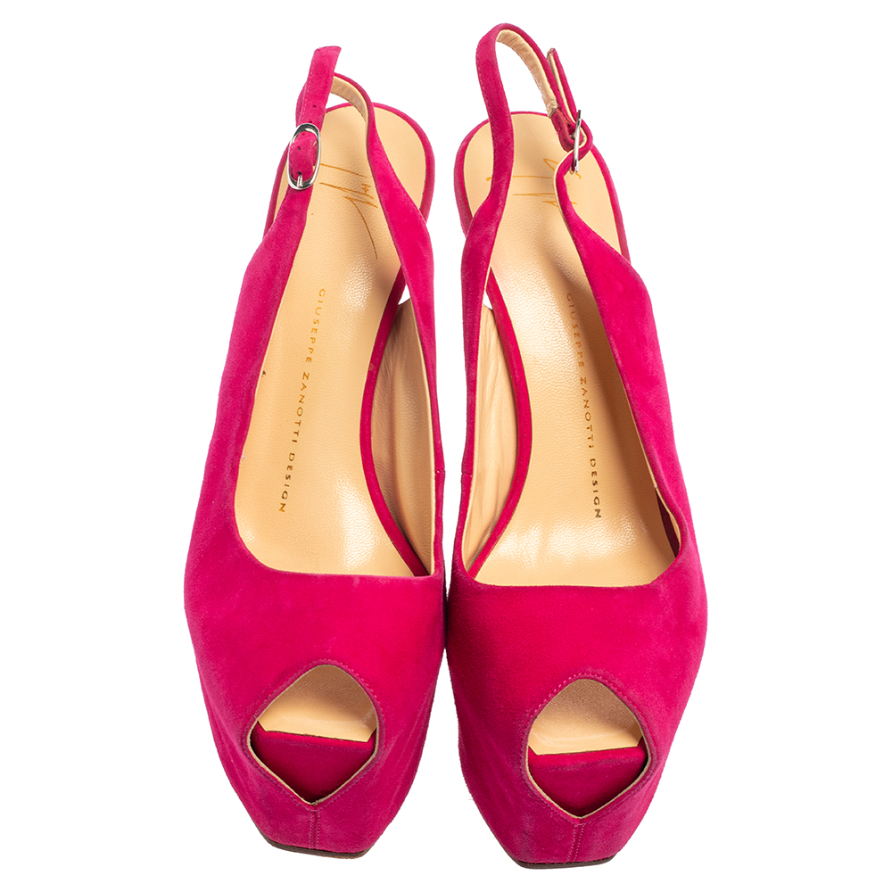 Giuseppe Zanotti Pink Suede Peep Toe Slingback Platform Sandals Size 38