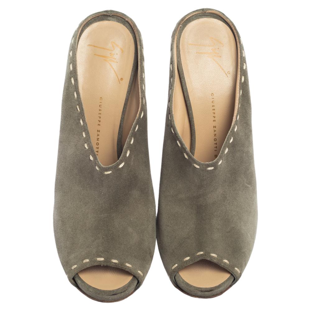 Giuseppe Zanotti Grey Suede Espadrille Wedge Peep Toe Mules Size 39.5