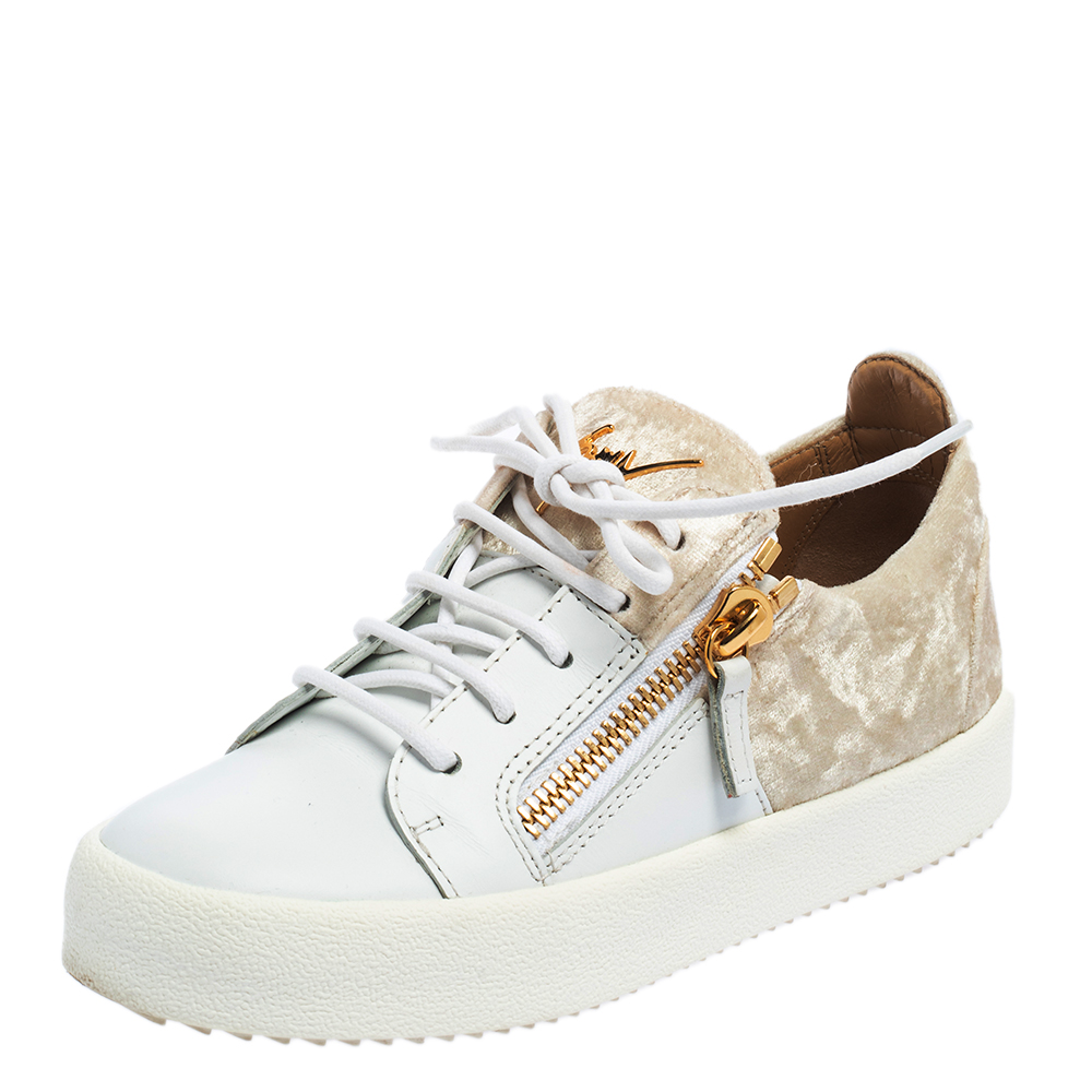Giuseppe Zanotti White/Cream Velvet And Leather Double Zipper Low Top Sneakers Size 36