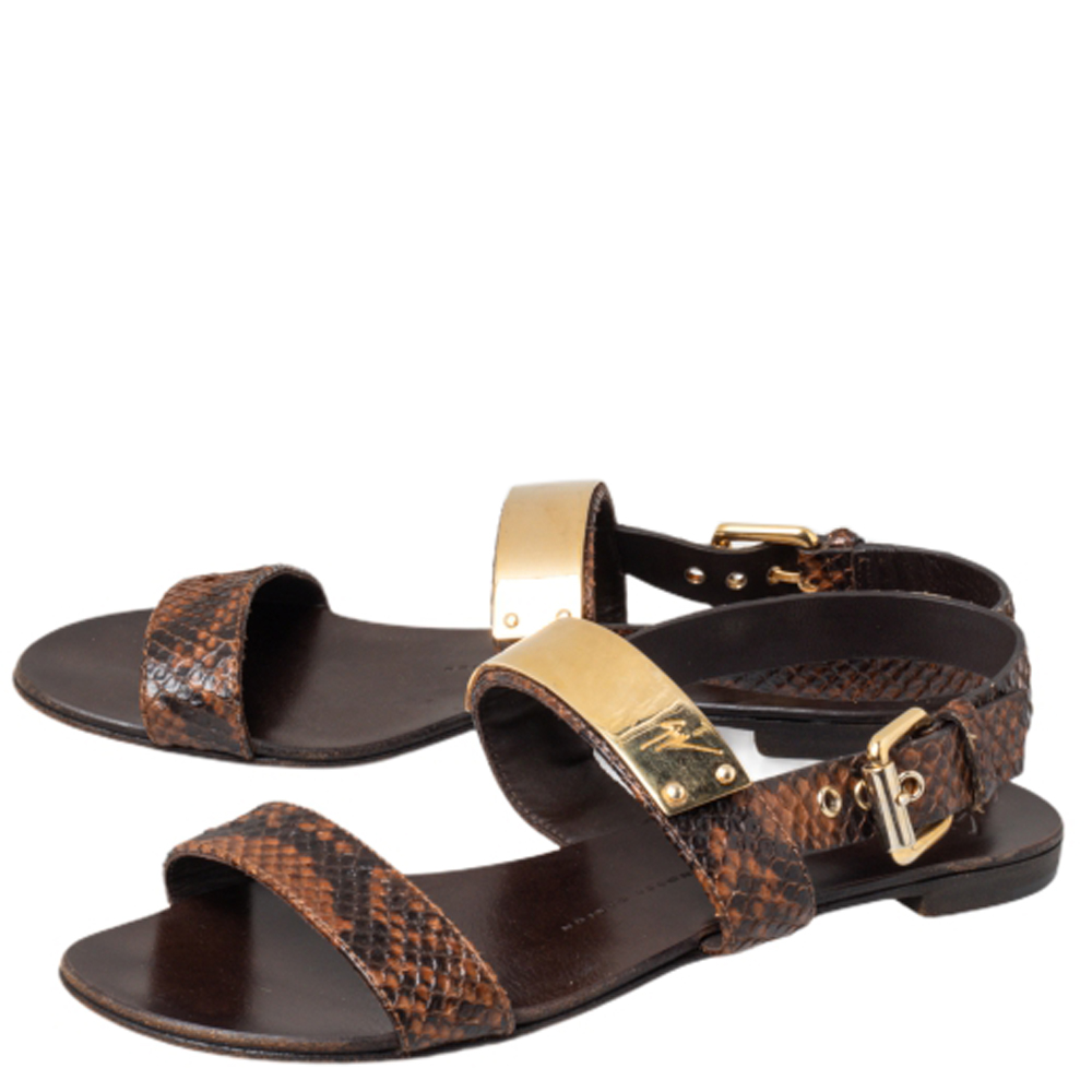 Giuseppe Zanotti Brown Python Embossed Leather Slingback Flat Sandals Size 39