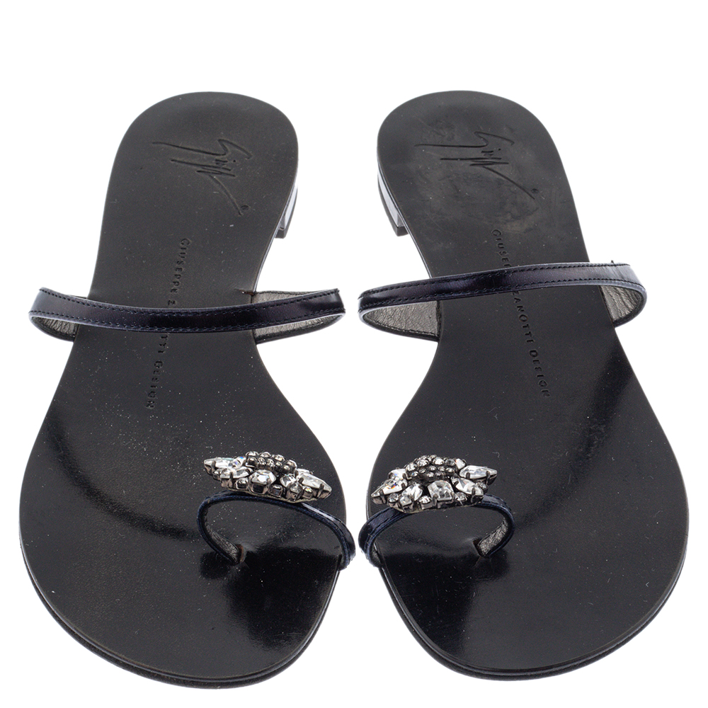 Giuseppe Zanotti Black Leather Crystal Embellished Toe Ring Flats Size 38