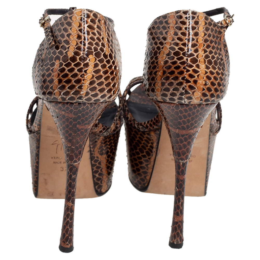 Giuseppe Zanotti Brown/Beige Python  Leather T Strap Sasha Platform Sandals Size 37