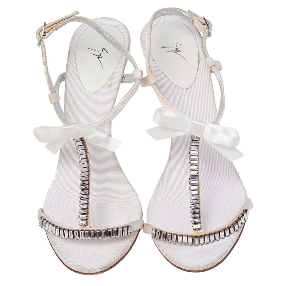 Giuseppe Zanotti White Fabric And Satin Embellished Ankle Strap Sandals Size 37.5