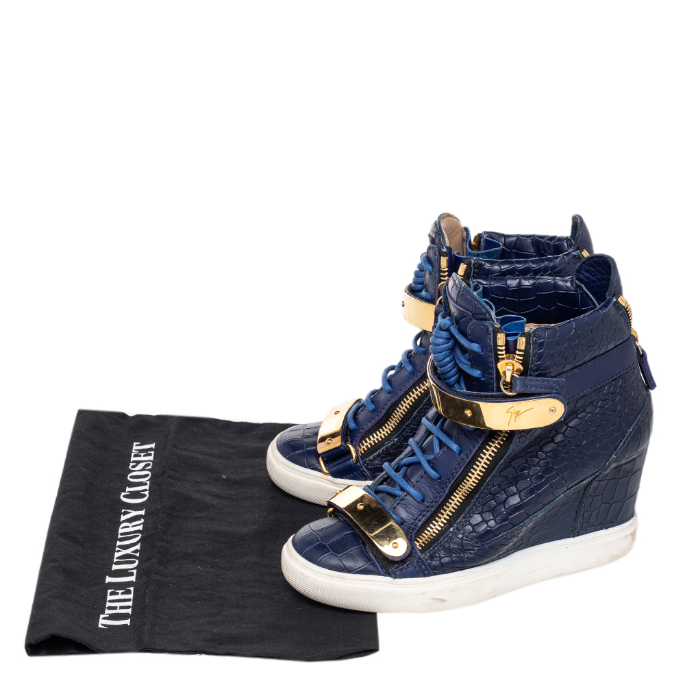 Giuseppe Zanotti Blue Croc Embossed Leather Coby Wedge Sneakers Size 38.5