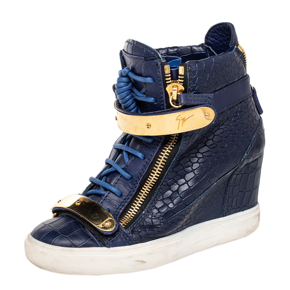 Giuseppe zanotti blue croc embossed leather coby wedge sneakers size 38.5